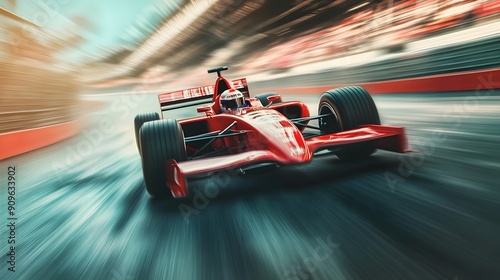 racer in a high-speed racing car zooms past the track, with a dynamic motion blur background capturing the intense speed and excitement of the race