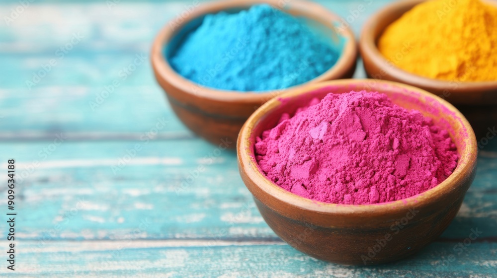 Brightly colored powder pigments are arranged in bowls on a rustic wooden surface, ready for artistic use Brightly colored powder pigments are arranged in bowls on a rustic wooden surface, ready for artistic use