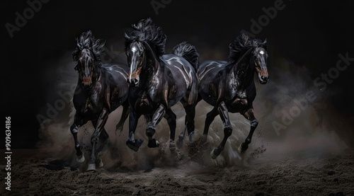 Three Black Horses Running Through Dust