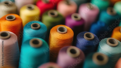 A variety of colorful sewing threads are neatly arranged on display, showcasing their vibrant hues photo