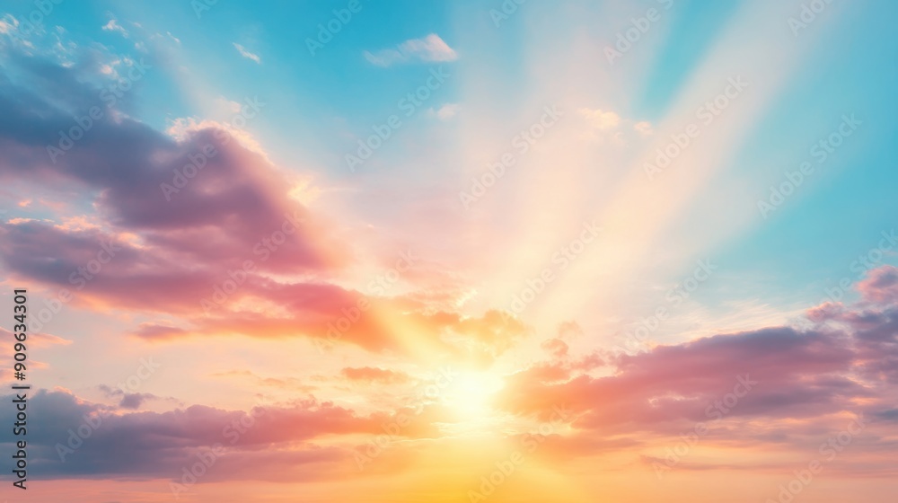 A stunning display of colorful clouds illuminated by brilliant sun rays during sunset A stunning display of colorful clouds illuminated by brilliant sun rays during sunset