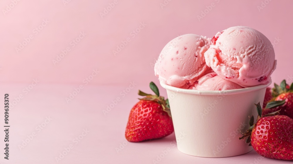 strawberry ice cream in a paper cup with strawberries in the background strawberry ice cream in a paper cup with strawberries in the background