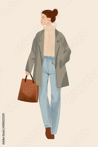 Minimalism illustration, a Caucasian woman, wearing a high-neck sweater with a wool blazer and classic jeans, holding a vintage leather handbag, classic fashion, boho, flat illustration