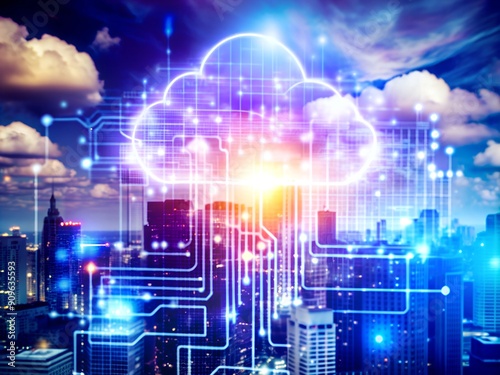 Downloadable isometric cloud storage that serves as a digital service or application that makes data transfer easier. It showcases a futuristic server and incorporates network computing technologies.
