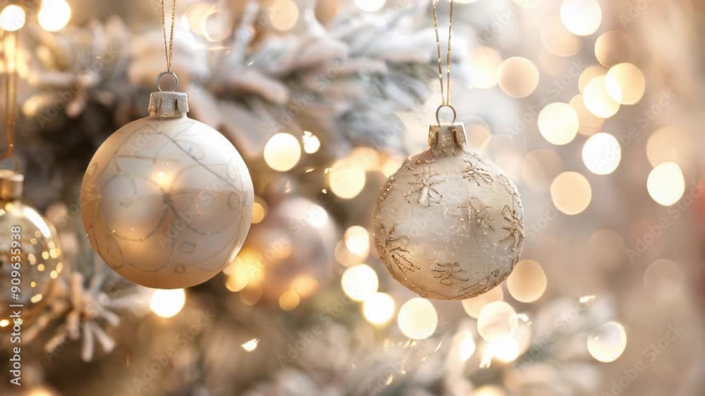 Golden snowflake ornaments hanging against a dreamy Christmas background, adorned with soft bokeh lights creating a warm, festive atmosphere. The blurred backdrop enhances the sparkle and magic scene Golden snowflake ornaments hanging against a dreamy Christmas background, adorned with soft bokeh lights creating a warm, festive atmosphere. The blurred backdrop enhances the sparkle and magic scene