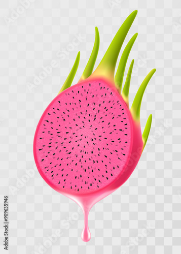 Dragon fruits juice dripping from fresh sliced pitahaya, isolated on transparent background. Ripe pitaya with fresh juice. Bright exotic summer design. Realistic 3d vector illustration