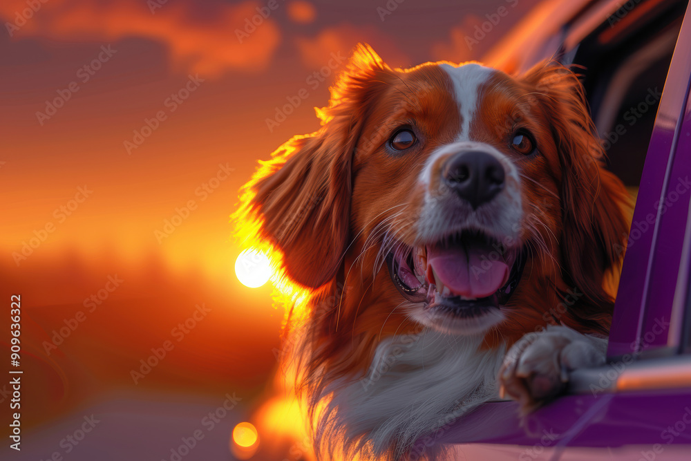 Fototapeta premium Happy Dog in Car at Sunset
