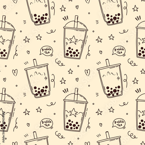cute vector seamless pattern with cute bubble tea
