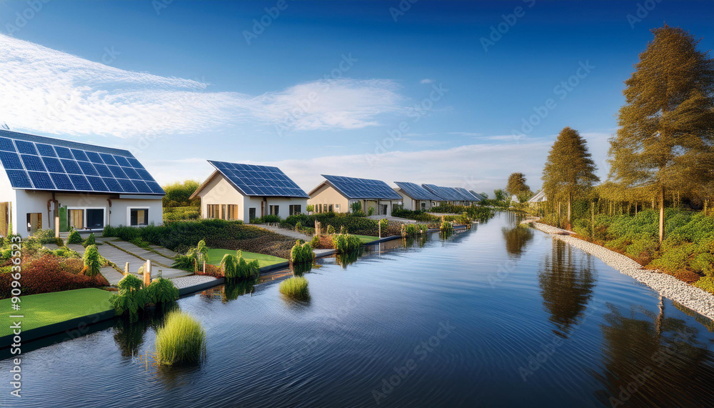 Obraz premium a climate-resilient community featuring homes with flood-resistant architecture and solar energy solutions. It highlights modern, sustainable living in areas prone to environmental challenges