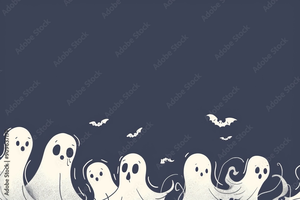 Minimalist illustration of border of cute ghost outlines floating along the edges Minimalist illustration of border of cute ghost outlines floating along the edges