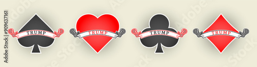 Set of trump suits of playing cards with ribbon. Queens, spades, hearts, clubs and diamonds.