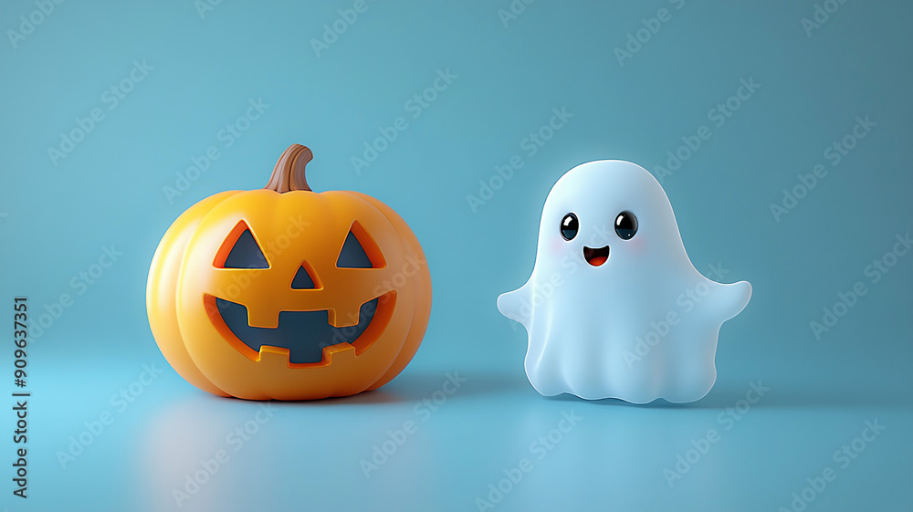 Happy Halloween background with a jack-o-lantern and a funny white ghost, 3D plastic realism Happy Halloween background with a jack-o-lantern and a funny white ghost, 3D plastic realism
