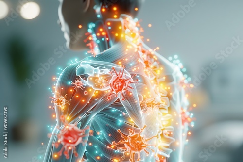 A digital representation of the human body highlighting immune response with glowing particles and cellular activity. photo