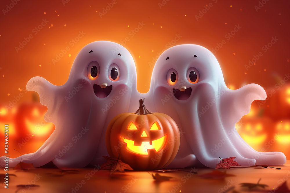 Minimalistic Halloween Banner with Smiling Ghosts Minimalistic Halloween Banner with Smiling Ghosts