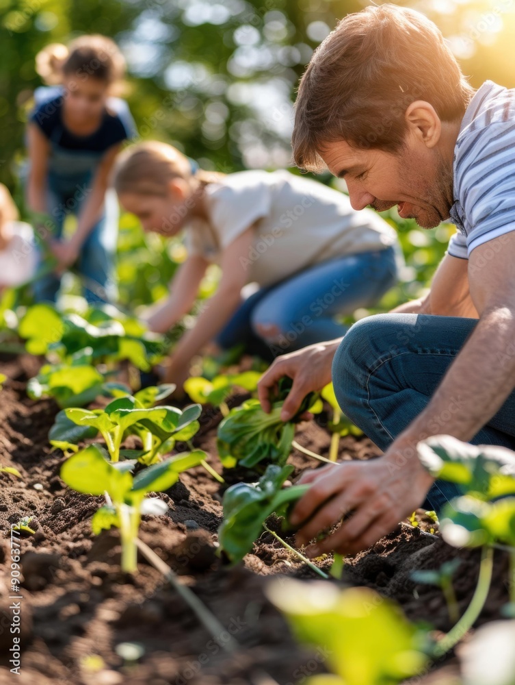 Φωτογραφία A family works together in the garden, planting seedlings in the soil