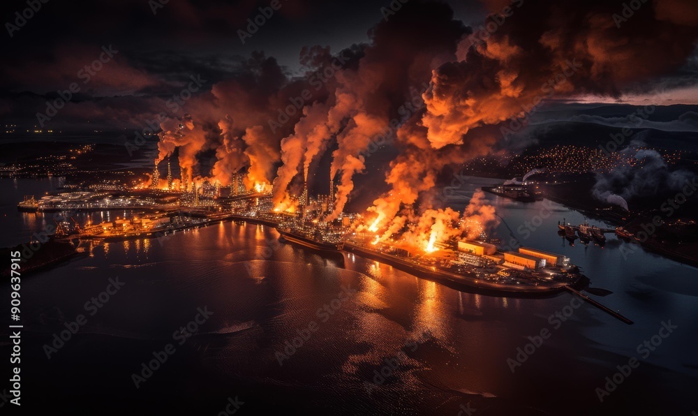 An industrial complex at night, with smoke billowing from chimneys and bright lights illuminating the surrounding water. AI. An industrial complex at night, with smoke billowing from chimneys and bright lights illuminating the surrounding water. AI.