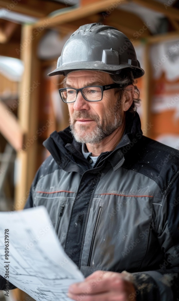 A construction worker reviews plans. AI. A construction worker reviews plans. AI.