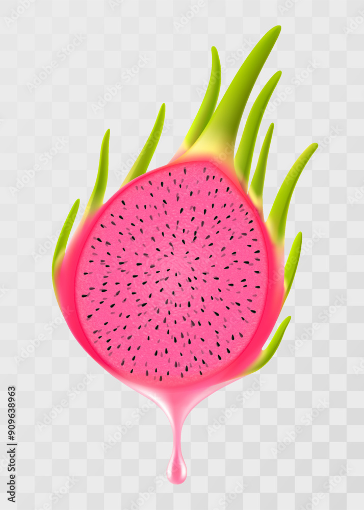 Dragon fruits juice dripping from fresh sliced pitahaya, isolated on transparent background. Ripe pitaya with fresh juice. Bright exotic summer design. Realistic 3d vector illustration