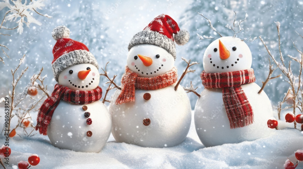 Frosty Family Fun in a Winter Wonderland - Snowman trio with carrot noses and scarves enjoying the snowy scene Frosty Family Fun in a Winter Wonderland - Snowman trio with carrot noses and scarves enjoying the snowy scene