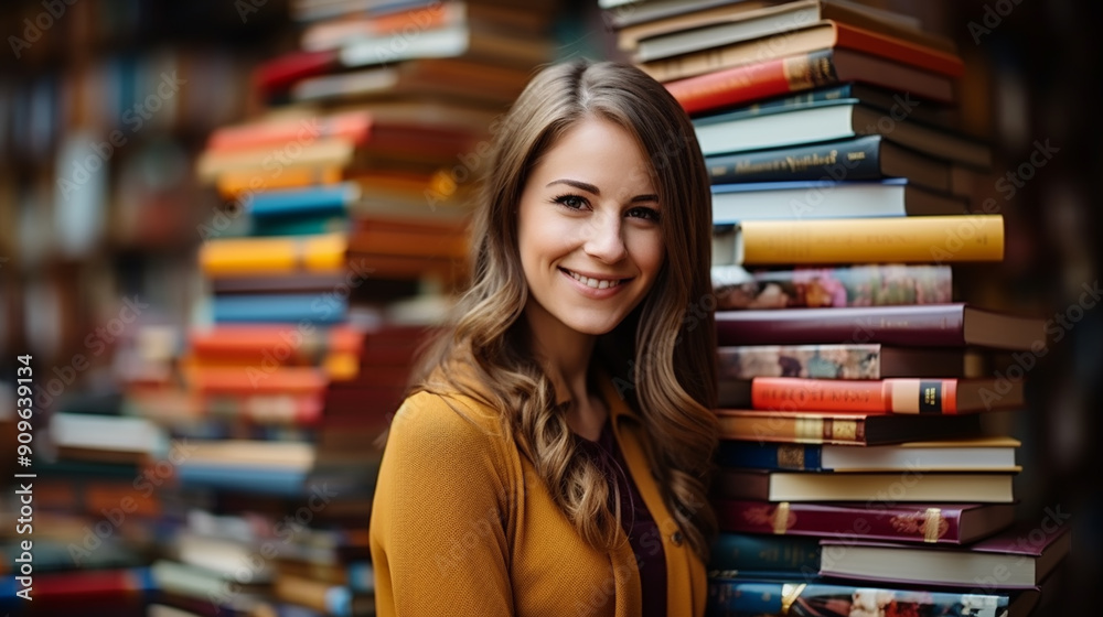 student holding a heavy armful of books in her hands against the background of bookshelves in a library. Learning concept, lifestyle