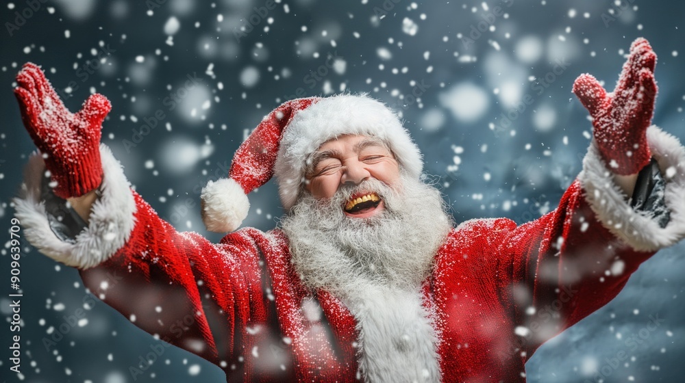 A cheerful Santa Claus in a red suit joyfully embraces falling snowflakes, radiating warmth and happiness during the festive holiday season
