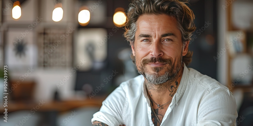 Stylish man influencer in his 40s with tattooed arms - friendly and relaxed sitting at home Stylish man influencer in his 40s with tattooed arms - friendly and relaxed sitting at home