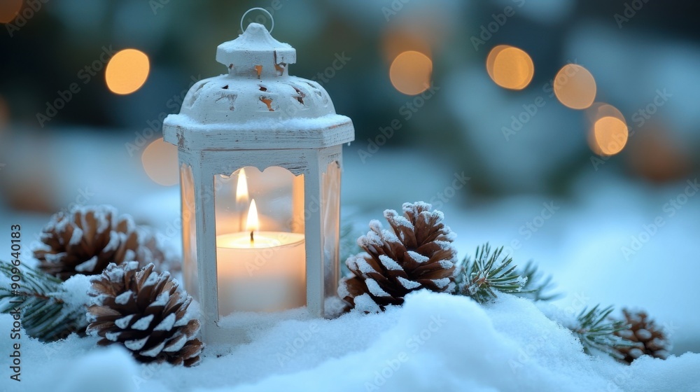 Festive Christmas Lantern Illuminated by Candlelight Among Snow-Covered Pine Cones Festive Christmas Lantern Illuminated by Candlelight Among Snow-Covered Pine Cones