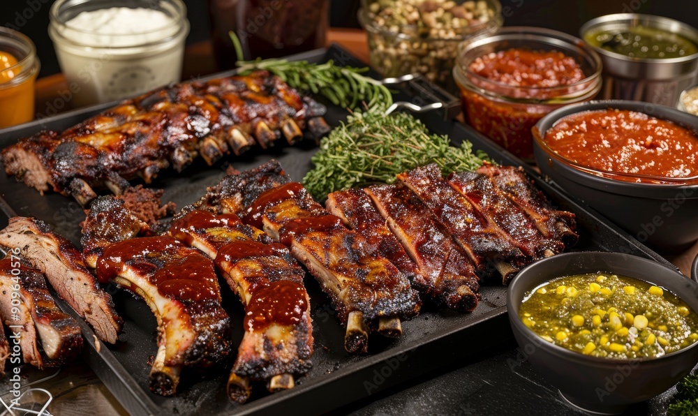 artful arrangement of smoky and juicy ribs on an industrial-style grill, surrounded by sauce containers and herbs, capturing vibrant colors and textures artful arrangement of smoky and juicy ribs on an industrial-style grill, surrounded by sauce containers and herbs, capturing vibrant colors and textures