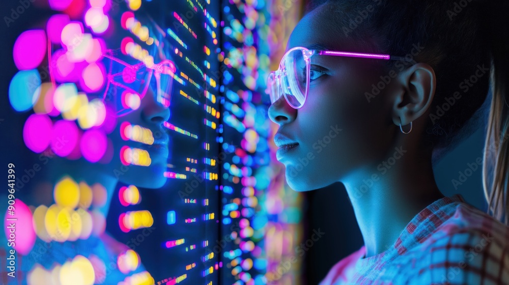 A young woman gazes thoughtfully at a vibrant digital display filled with colorful lights during the evening A young woman gazes thoughtfully at a vibrant digital display filled with colorful lights during the evening
