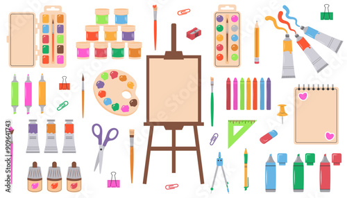 Set with painting tools, paints for the artist. Paint tubes, brushes, pencils, watercolor, palette, crayons and stationery. Trendy modern vector isolated on white.