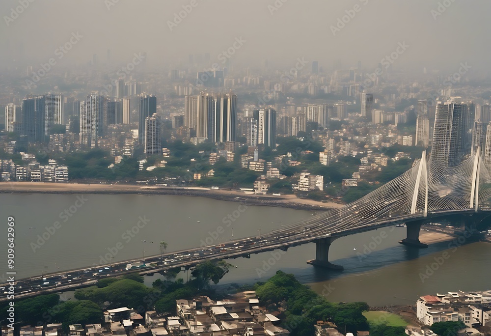Obraz premium Worli ; sea Mumbai bridge Aerial Western Dadar India background link Maharashtra Panoromic view June Sky Panoramic Landscape Infrast