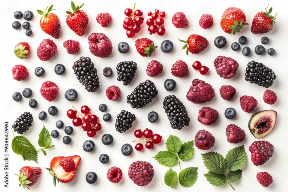 Assorted fresh berries including strawberries, blueberries, raspberries, and blackberries on a white background. Perfect for healthy eating themes. Assorted fresh berries including strawberries, blueberries, raspberries, and blackberries on a white background. Perfect for healthy eating themes.