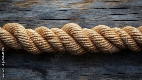 Thick rope coiled on wooden surface, natural fiber detail. Maritime and nautical concept