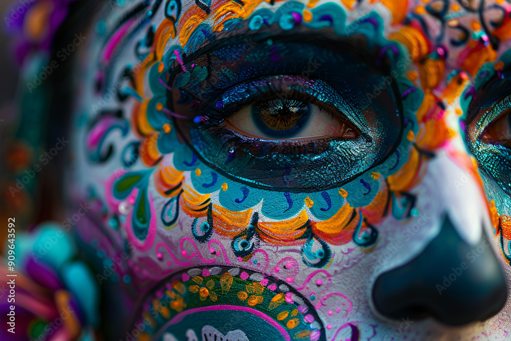 Φωτογραφία Close up of woman's eye with colorful Halloween Dia de los Muertos costume face