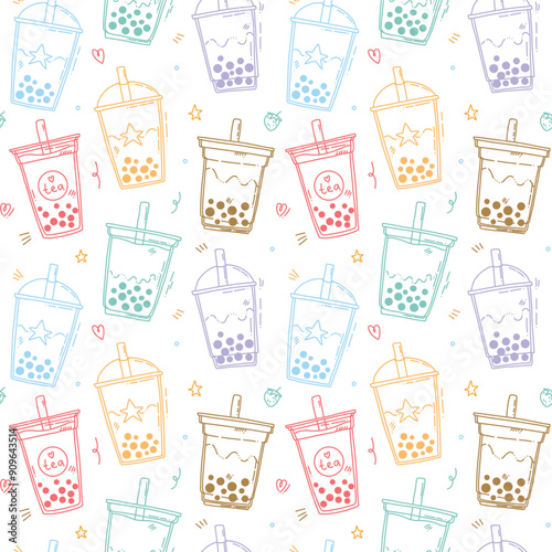 cute vector seamless pattern with cute bubble tea