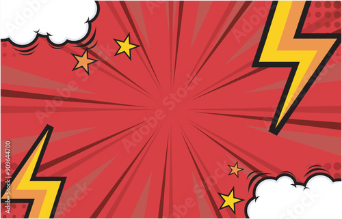 Pop art comic background with lightning flashes, stars and clouds. cartoon frame, retro cover halftone effect. Red colored cartoon comic abstract background template
