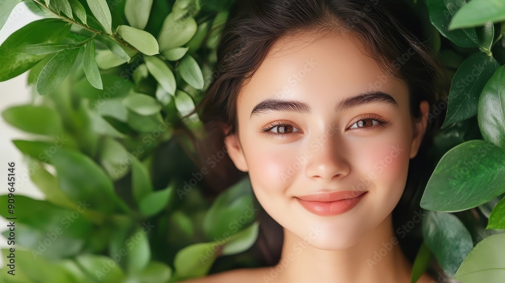 Close-up portrait of an Asian woman with radiant skin in a natural setting. Close-up portrait of an Asian woman with radiant skin in a natural setting.
