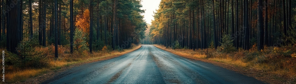 Fototapeta premium Road disappearing into the distance among tall pines, endless possibilities