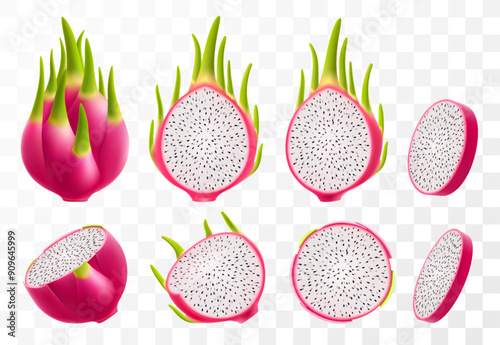 Set of Dragon fruits. Whole and pieces of ripe Pitaya, cut pitahaya with white flesh and black seeds. Exotic fruits isolated on transparent background. Tropical food. Realistic 3d vector illustration