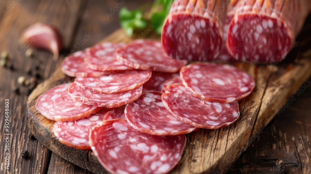Close-up of sliced cured Italian salami, displaying the intricate marbling and savory seasoning. Close-up of sliced cured Italian salami, displaying the intricate marbling and savory seasoning.