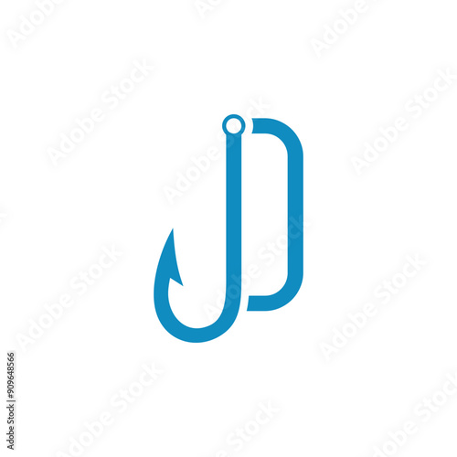 a combination of a fishing hook and a blue alphabet or initial or letter