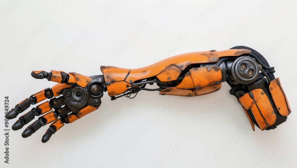 A hand made of metal and orange paint. The hand is bent and has a broken wrist A hand made of metal and orange paint. The hand is bent and has a broken wrist