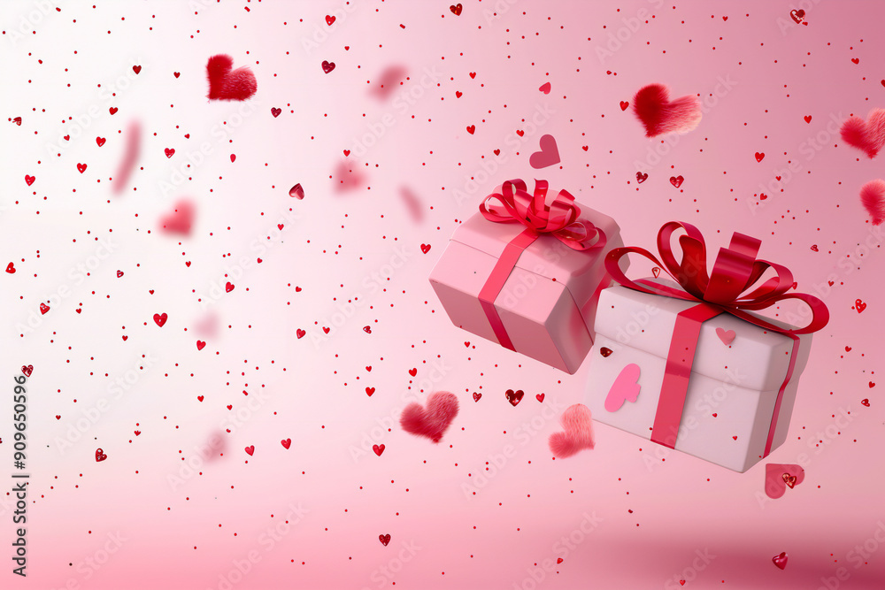 Romantic Gift Box with Hearts and Red Ribbon on a Pink Background for a Valentine's Day Celebration Copyspace Romantic Gift Box with Hearts and Red Ribbon on a Pink Background for a Valentine's Day Celebration Copyspace