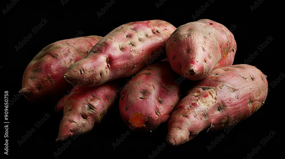Organic raw sweet potatoes, farm-fresh yams, against a black background Organic raw sweet potatoes, farm-fresh yams, against a black background