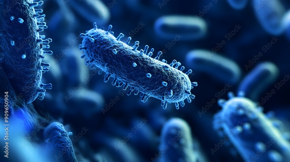 High-resolution close-up of 3D rendered blue bacteria, highlighting the intricate shapes and features of the microorganisms High-resolution close-up of 3D rendered blue bacteria, highlighting the intricate shapes and features of the microorganisms