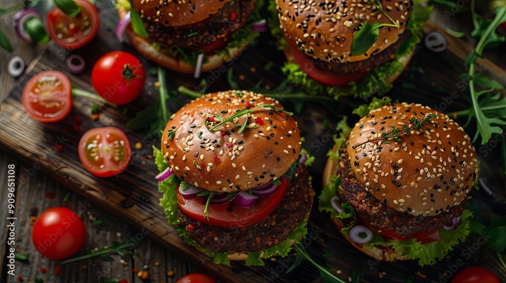 vegan food and vegan burgers top view, dark background vegan food and vegan burgers top view, dark background