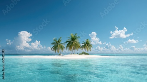 Panoramic view of deserted island with white sand beaches and palm trees.