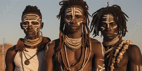 Three men in tribal outfits pose in the desert