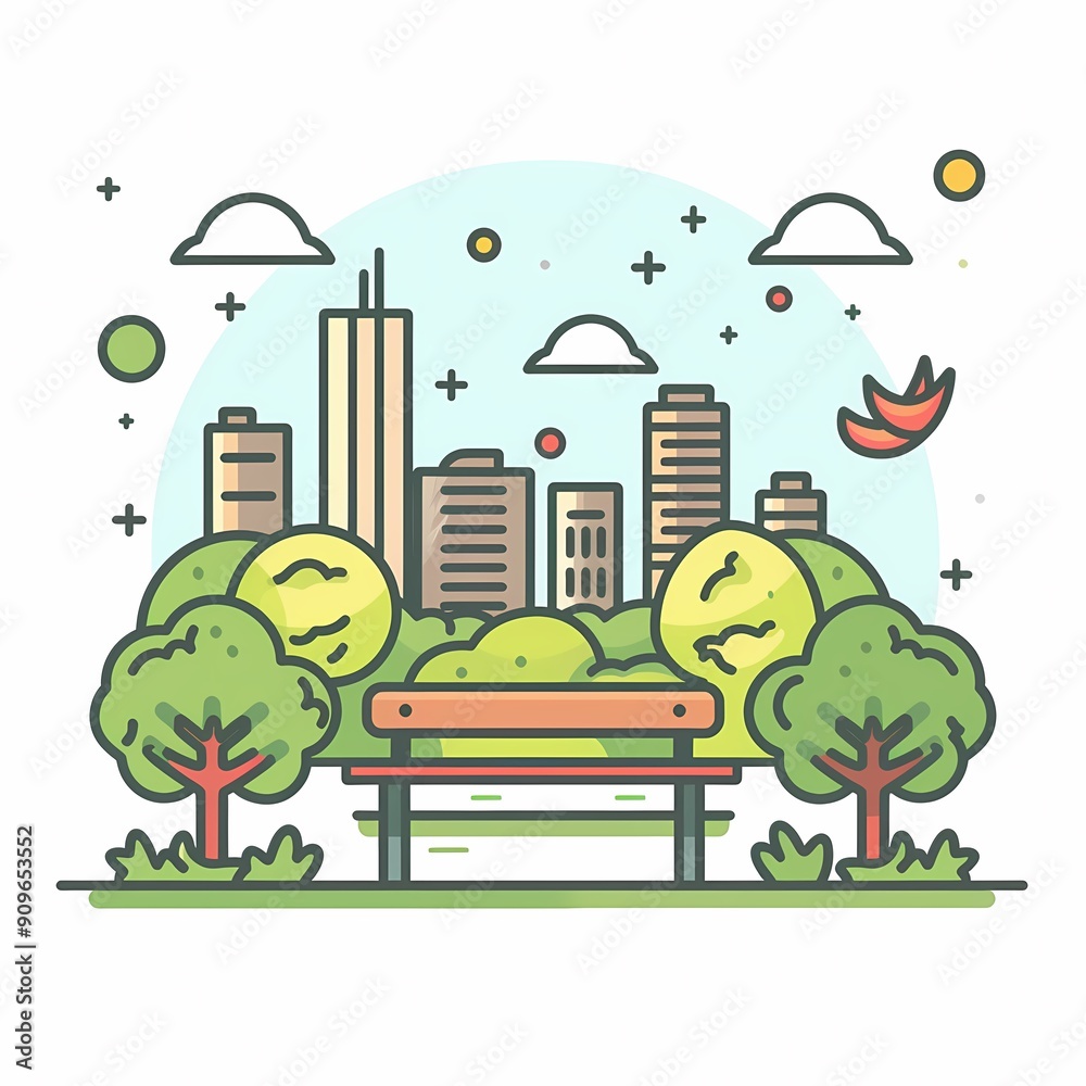 Colorful city park view with trees, a bench, and skyscrapers in the background. Colorful city park view with trees, a bench, and skyscrapers in the background.
