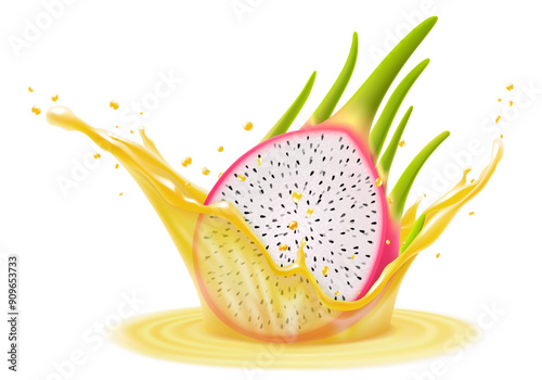 Dragon fruit in splash of fresh juice. Pitahaya juice 3d splash and drops, Tropical exotic fruit drink, ad label design. Tasty pitaya smoothie splash, vitamin cocktail, realistic vector illustration